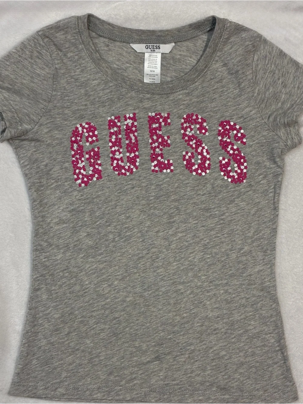 GUESS Gray Short Sleeve Tee with Pink and rhinestone Logo